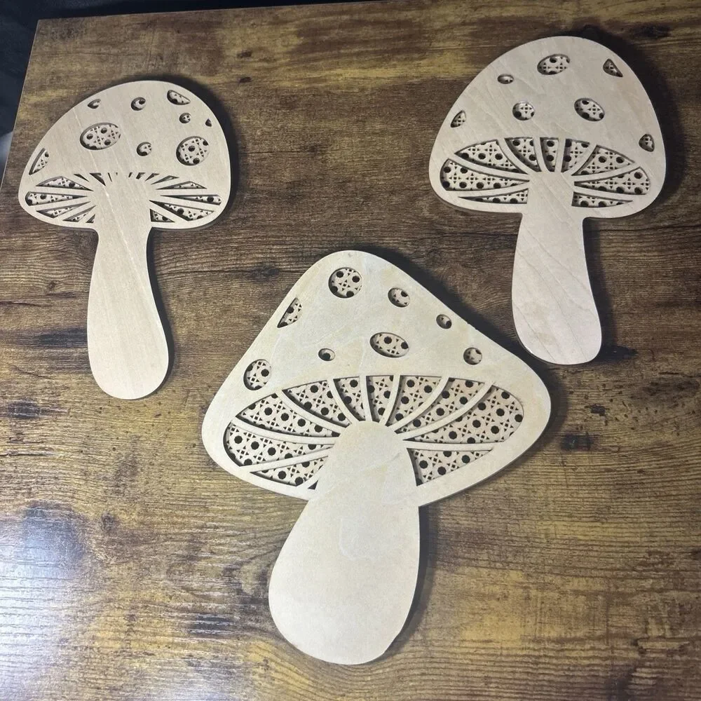 Mushroom Bundle (3) Wall Hanging Art Rattan Style Vintage Retro Natural Wood